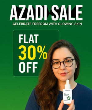 Promotional advertisement for a skincare product with a woman holding a bottle, set against a green background with text about a sale and discount.